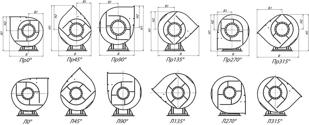 Габаритные и присоединительные размеры пылевого вентилятора ВЦП 7-40 №6.3, зависящие от положения корпуса